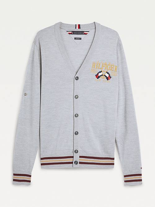 Tommy Hilfiger Exclusive Flag Logo Merino Wool Cardigan Kazak Erkek Gri | TH304KBH