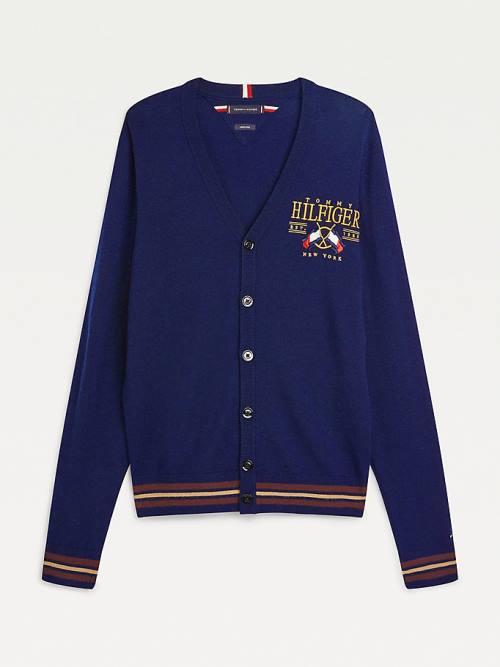 Tommy Hilfiger Exclusive Flag Logo Merino Wool Cardigan Kazak Erkek Mavi | TH960SUY