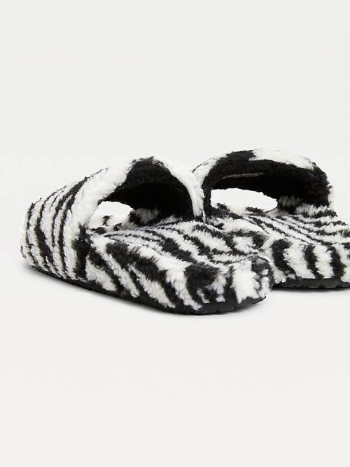 Tommy Hilfiger Faux Fur Zebra Slides Sandalet Kadın Siyah | TH862TNY