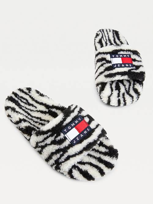 Tommy Hilfiger Faux Fur Zebra Slides Sandalet Kadın Siyah | TH862TNY