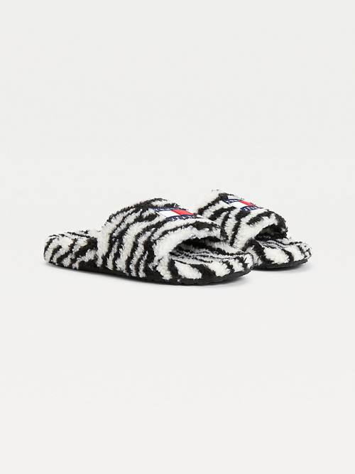 Tommy Hilfiger Faux Fur Zebra Slides Sandalet Kadın Siyah | TH862TNY