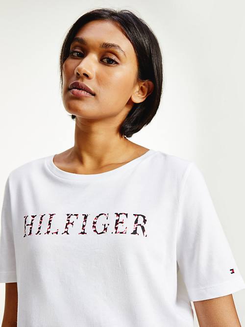 Tommy Hilfiger Feather Print Logo Tişört Kadın Beyaz | TH624CBE