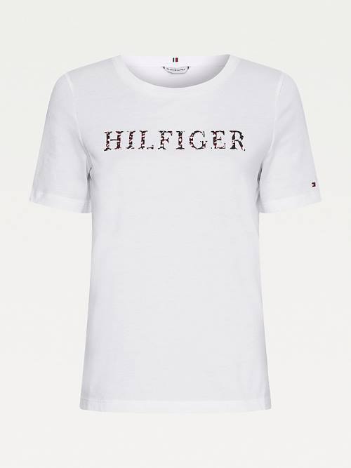 Tommy Hilfiger Feather Print Logo Tişört Kadın Beyaz | TH624CBE