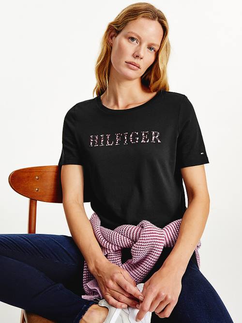 Tommy Hilfiger Feather Print Logo Tişört Kadın Siyah | TH943TOF