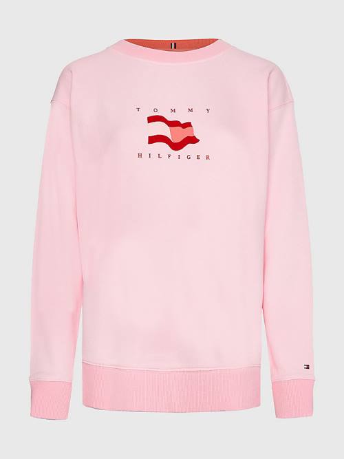 Tommy Hilfiger Flag Detail Relaxed Fit Sweatshirt Kapüşonlu Sweatshirt Kadın Pembe | TH098NUL