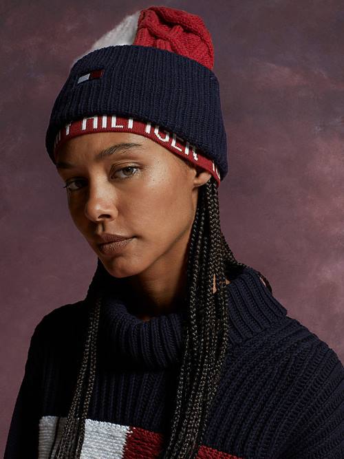 Tommy Hilfiger Flag Icon Cable Knit Beanie Şapka Kadın Mavi | TH607VNL