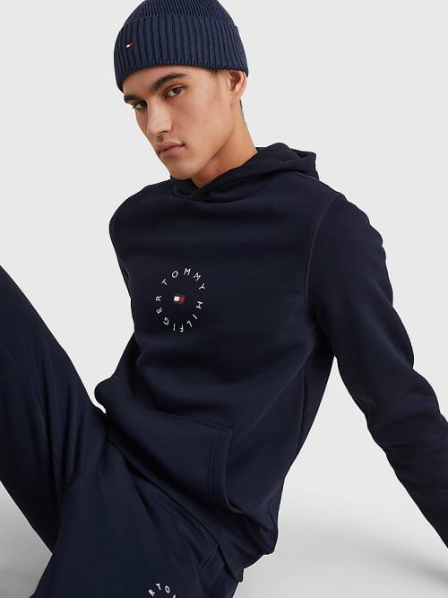 Tommy Hilfiger Flex Fleece Graphic Kapüşonlu Sweatshirt Erkek Mavi | TH054HZW