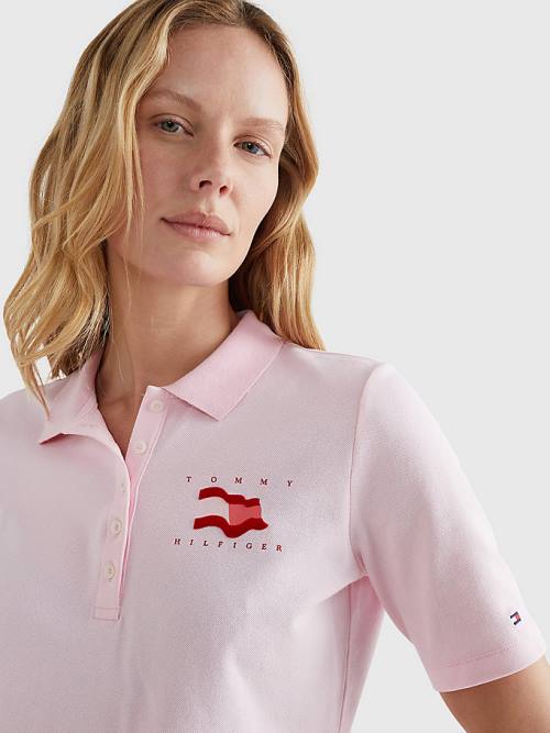 Tommy Hilfiger Flock Flag Polo Yaka Tişört Kadın Pembe | TH917HVJ