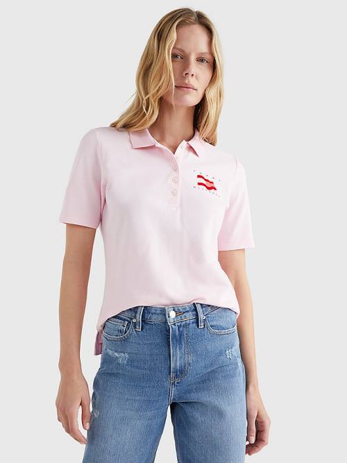 Tommy Hilfiger Flock Flag Polo Yaka Tişört Kadın Pembe | TH917HVJ