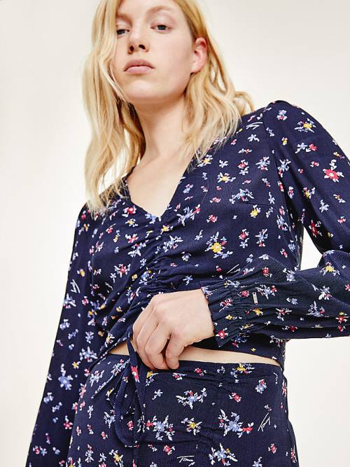 Tommy Hilfiger Floral Print Ruched Viscose Bluz Kadın Siyah | TH294QPT