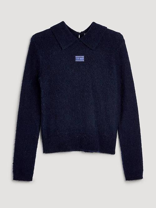 Tommy Hilfiger Fluffy Alpaca Wool Collared Jumper Polo Yaka Tişört Kadın Mavi | TH984PVB