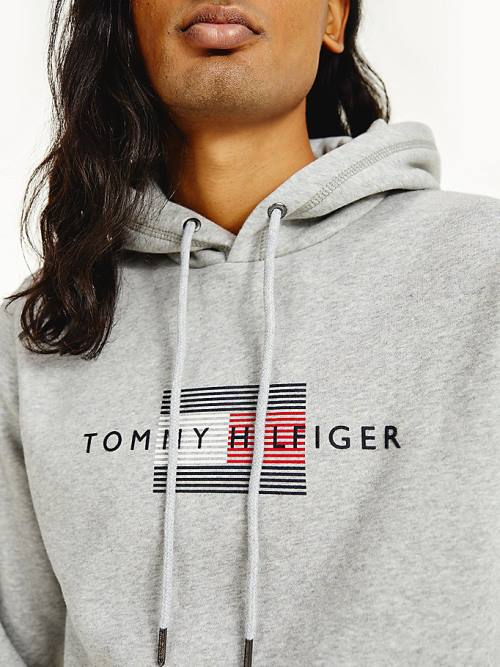 Tommy Hilfiger Front Logo Organic Pamuklu Fleece Kapüşonlu Sweatshirt Erkek Gri | TH450OHM