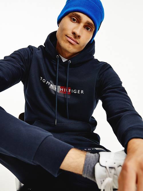 Tommy Hilfiger Front Logo Organic Pamuklu Fleece Kapüşonlu Sweatshirt Erkek Mavi | TH471XBI