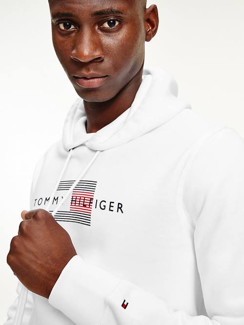 Tommy Hilfiger Front Logo Organic Pamuklu Fleece Kapüşonlu Sweatshirt Erkek Beyaz | TH908SJM