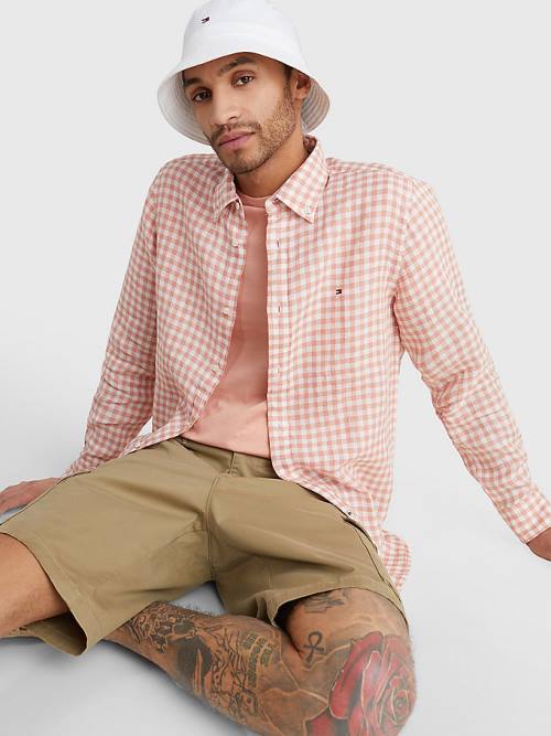 Tommy Hilfiger Gingham Regular Fit Linen Gömlek Erkek Pembe | TH259WCM