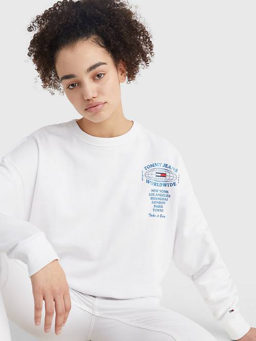 Tommy Hilfiger Globe Logo Oversized Fit Sweatshirt Kadın Beyaz | TH036DQU