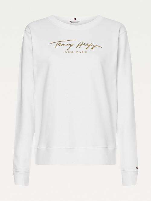 Tommy Hilfiger Gold Signature Embroidery Crew Neck Sweatshirt Kadın Beyaz | TH348USE