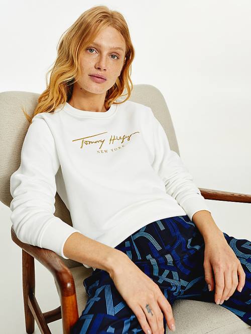 Tommy Hilfiger Gold Signature Embroidery Crew Neck Sweatshirt Kadın Beyaz | TH348USE