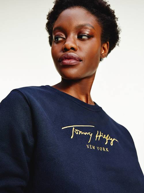 Tommy Hilfiger Gold Signature Embroidery Crew Neck Sweatshirt Kadın Mavi | TH357AHR