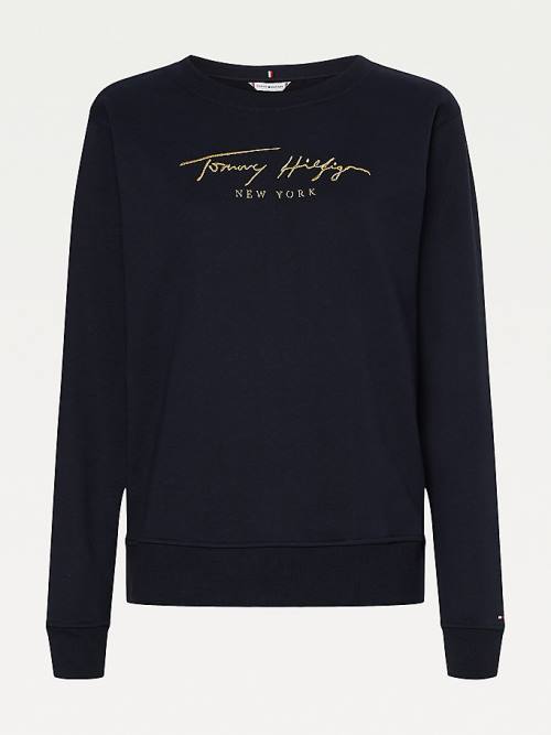 Tommy Hilfiger Gold Signature Embroidery Crew Neck Sweatshirt Kadın Mavi | TH357AHR