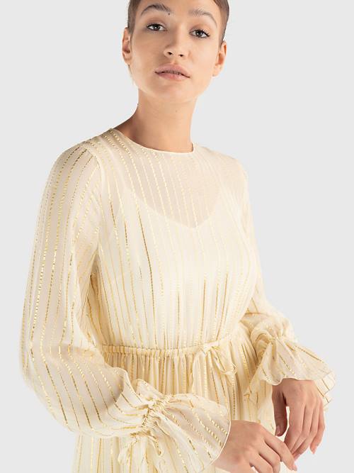 Tommy Hilfiger Gold Stripe Silk Blend Maxi Elbise Kadın Beyaz | TH360LET