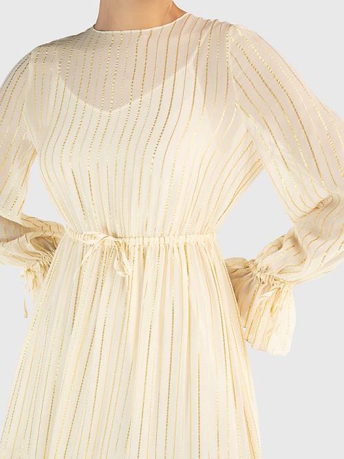 Tommy Hilfiger Gold Stripe Silk Blend Maxi Elbise Kadın Beyaz | TH360LET