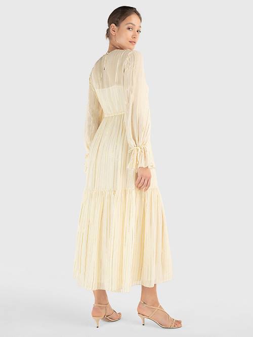 Tommy Hilfiger Gold Stripe Silk Blend Maxi Elbise Kadın Beyaz | TH360LET