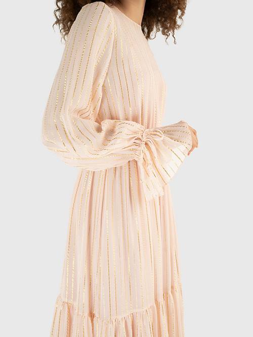 Tommy Hilfiger Gold Stripe Silk Blend Maxi Elbise Kadın Pembe | TH873YEF