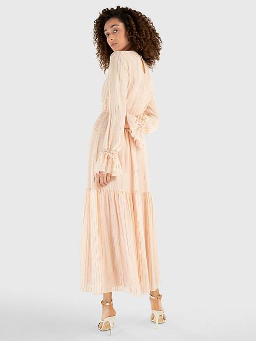 Tommy Hilfiger Gold Stripe Silk Blend Maxi Elbise Kadın Pembe | TH873YEF