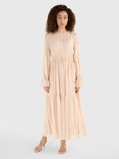 Tommy Hilfiger Gold Stripe Silk Blend Maxi Elbise Kadın Pembe | TH873YEF