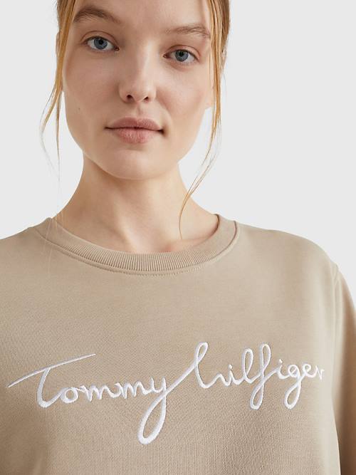 Tommy Hilfiger Graphic Crew Neck Sweatshirt Kadın Bej Rengi | TH169TQL