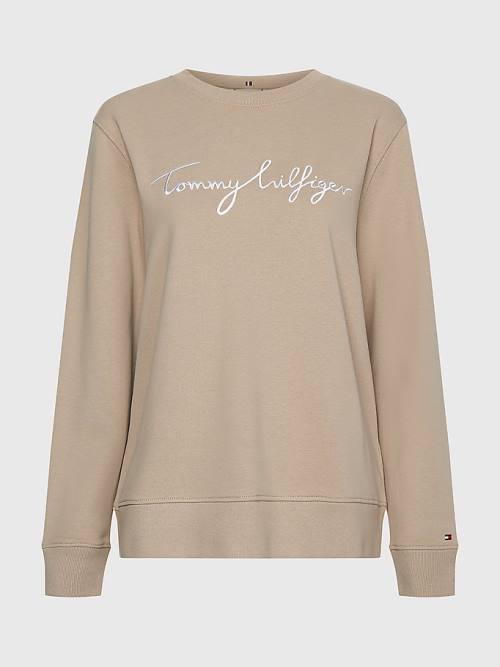 Tommy Hilfiger Graphic Crew Neck Sweatshirt Kadın Bej Rengi | TH169TQL