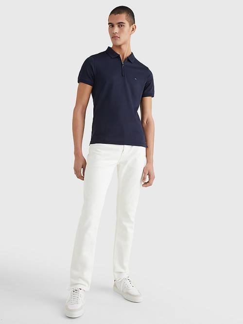 Tommy Hilfiger Half-Zip Interlock Slim Fit Polo Yaka Tişört Erkek Mavi | TH987KWE