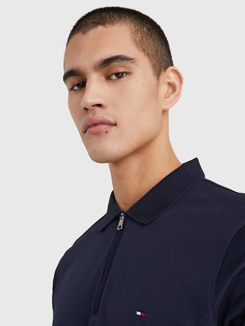 Tommy Hilfiger Half-Zip Interlock Slim Fit Polo Yaka Tişört Erkek Mavi | TH987KWE