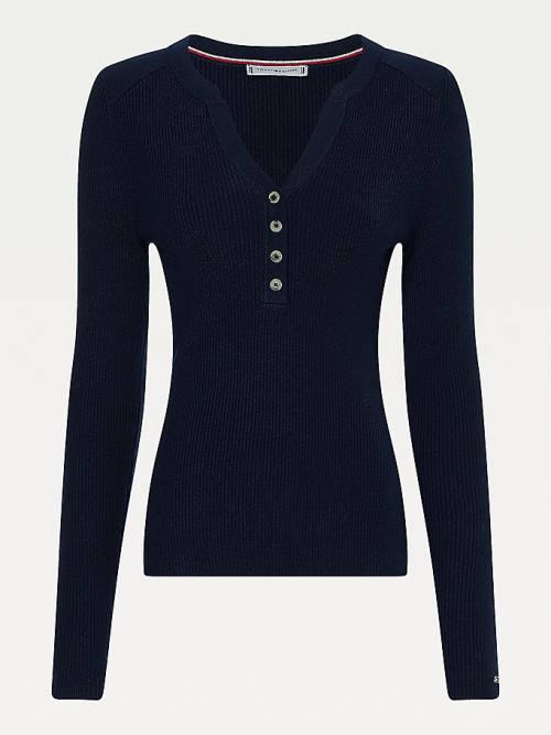 Tommy Hilfiger Henley Ribbed Wool Blend Jumper Kazak Kadın Mavi | TH097LDH