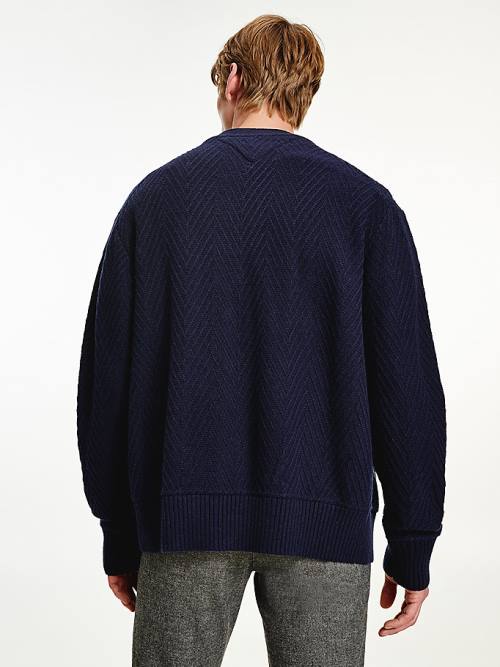 Tommy Hilfiger Herringbone Knit Cardigan Kazak Erkek Mavi | TH789ZEB