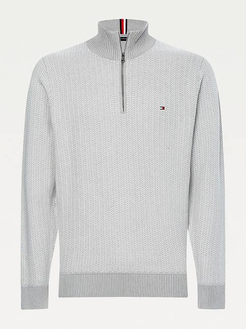 Tommy Hilfiger Herringbone Knit Half-Zip Jumper Kazak Erkek Gri | TH657BCE