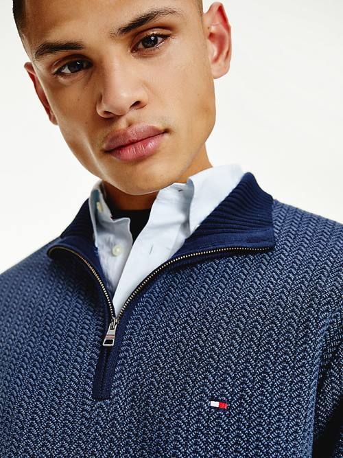 Tommy Hilfiger Herringbone Knit Half-Zip Jumper Kazak Erkek Mavi | TH794ZDU