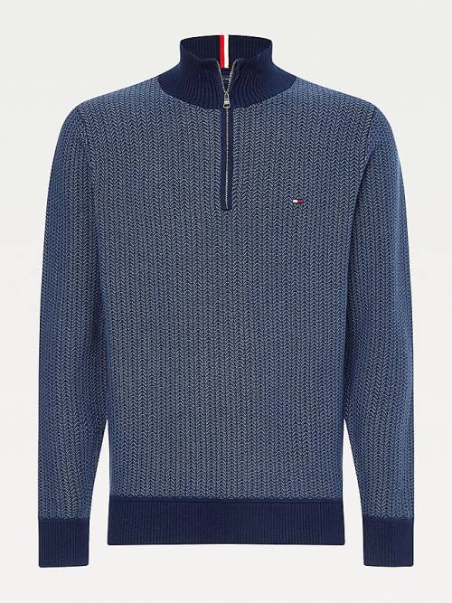 Tommy Hilfiger Herringbone Knit Half-Zip Jumper Kazak Erkek Mavi | TH794ZDU