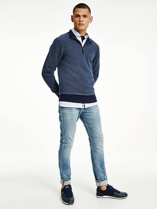 Tommy Hilfiger Herringbone Knit Half-Zip Jumper Kazak Erkek Mavi | TH794ZDU