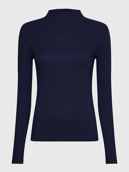 Tommy Hilfiger High Neck Skinny Fit Modal Jumper Tişört Kadın Mavi | TH879NLZ