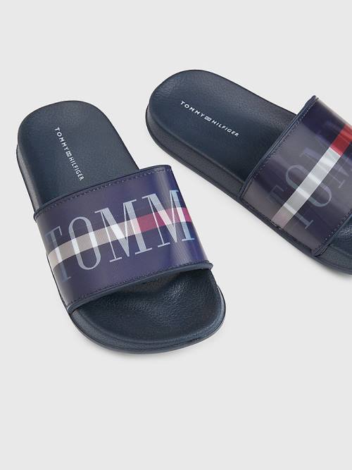 Tommy Hilfiger Holographic Logo Pool Slides Sandalet Erkek Çocuk Mavi | TH629VKR