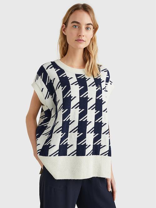 Tommy Hilfiger Houndstooth Relaxed Crew Neck Vest Kazak Kadın Mavi | TH580BHS