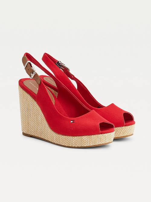 Tommy Hilfiger Iconic Arkası Açık Espadril High Heel Wedges Sandalet Kadın Kırmızı | TH637NTD