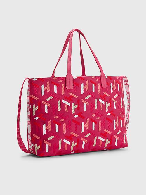 Tommy Hilfiger Iconic Monogram Embroidery Pamuklu Tote Çanta Kadın Pembe | TH853KIU