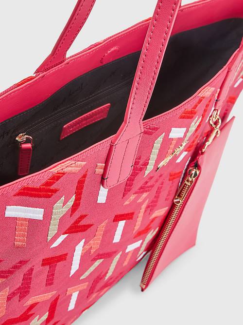 Tommy Hilfiger Iconic Monogram Embroidery Pamuklu Tote Çanta Kadın Pembe | TH853KIU