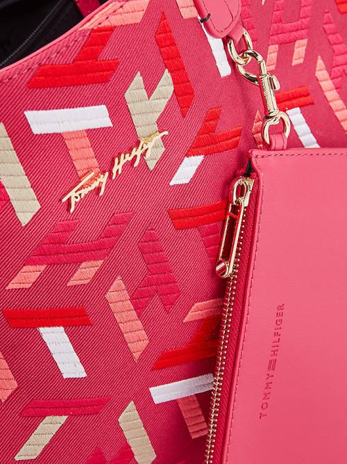 Tommy Hilfiger Iconic Monogram Embroidery Pamuklu Tote Çanta Kadın Pembe | TH853KIU