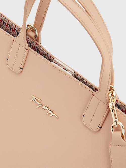 Tommy Hilfiger Iconic Signature Satchel Çanta Kadın Bej Rengi | TH435UYO