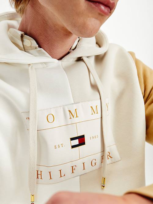 Tommy Hilfiger Icons Colour-Blocked Fleece Kapüşonlu Sweatshirt Erkek Bej Rengi | TH987XRZ