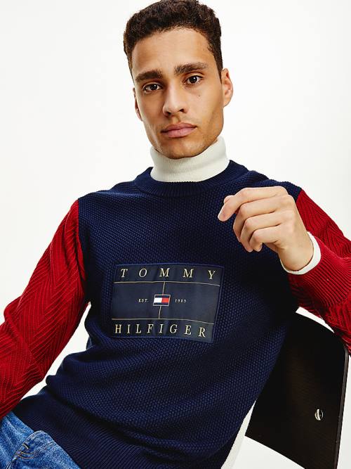 Tommy Hilfiger Icons Colour-Blocked Mixed Knit Jumper Kazak Erkek Mavi | TH312SYM